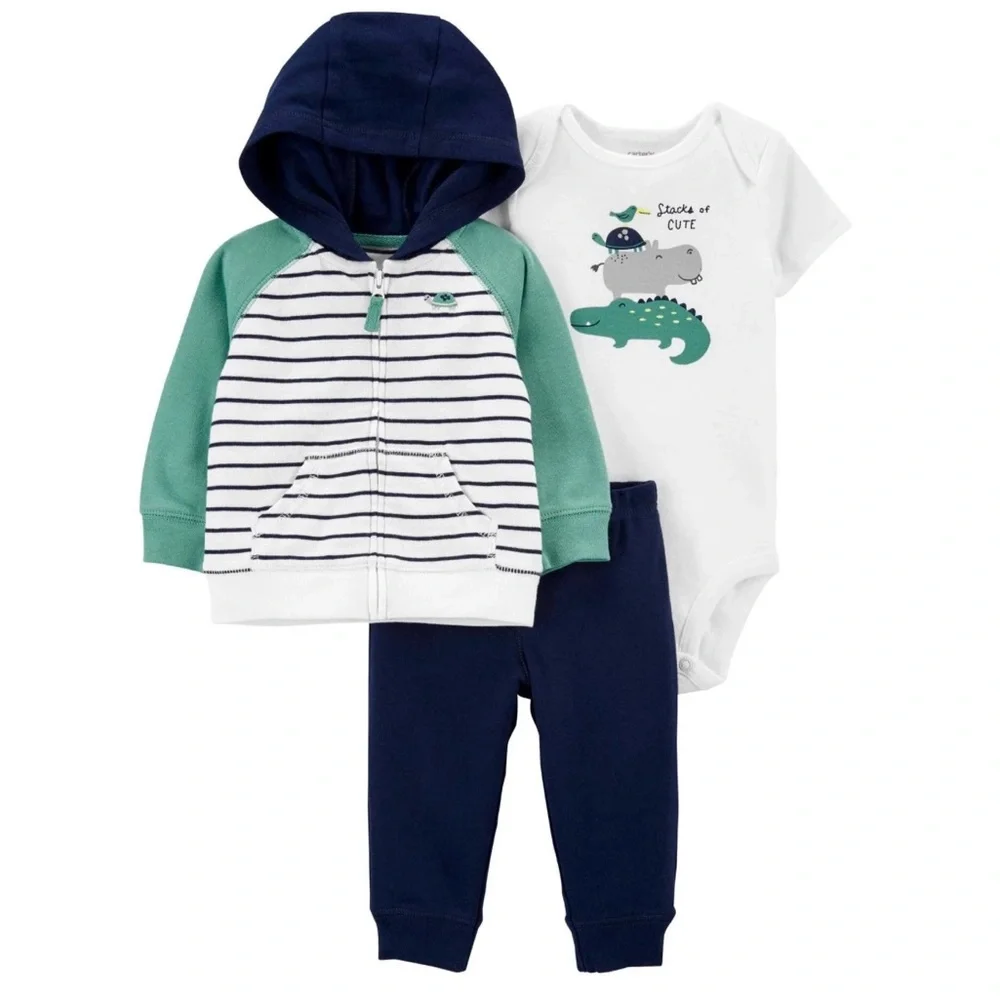 Carter’s 3-Piece Striped Jacket Set Dinosaur Bodysuit Pants | 3M